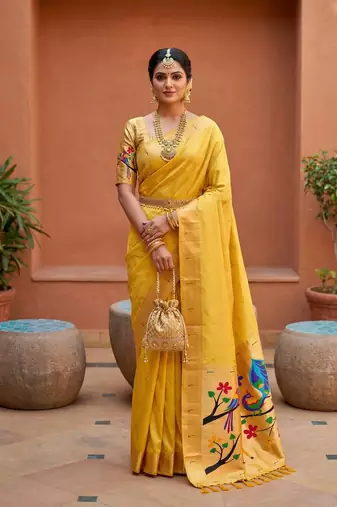 Yellow Color zari weawing Work Silk Saree