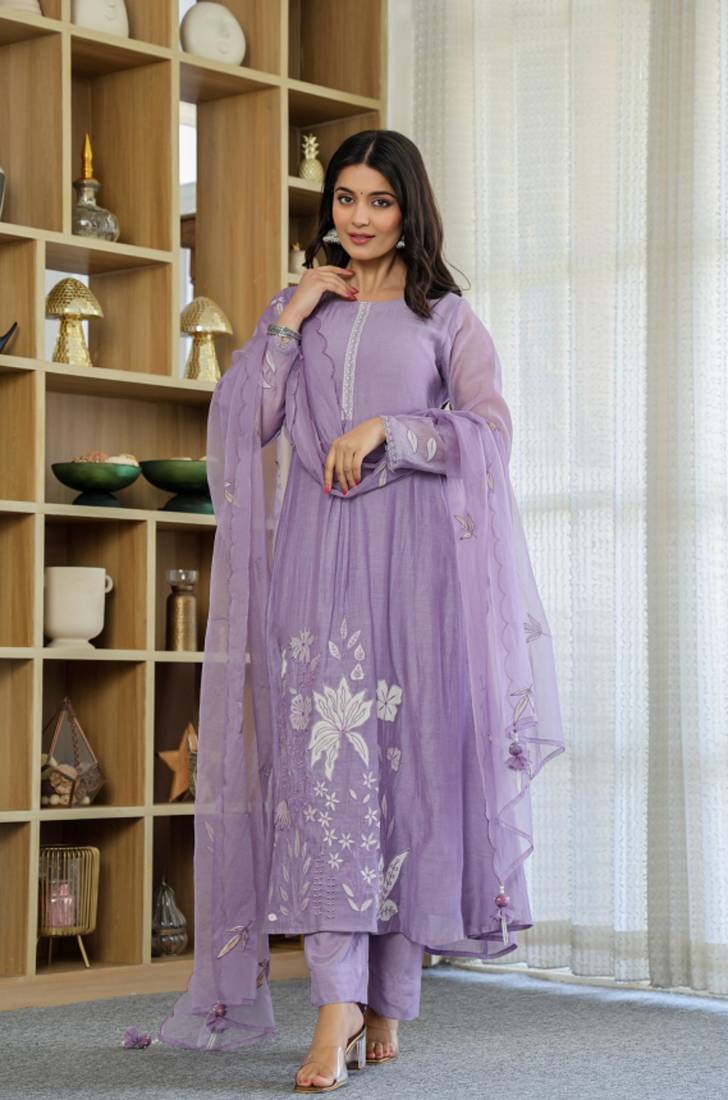Designer lavender chanderi silk embroidered ethnic suit set with dupatta