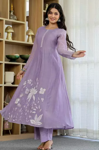 Designer lavender chanderi silk embroidered ethnic suit set with dupatta