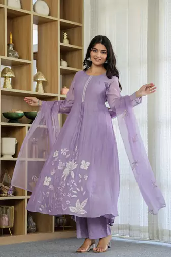 Designer lavender chanderi silk embroidered ethnic suit set with dupatta