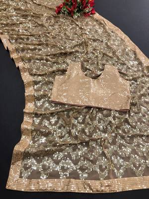 brown sequin embroidered georgette saree with blouse 5