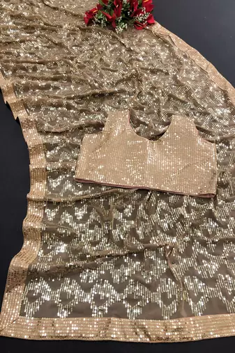 brown sequin embroidered georgette saree with blouse