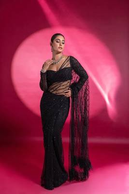 black sequin embroidered thread work nylone butterfly net saree with blouse 5