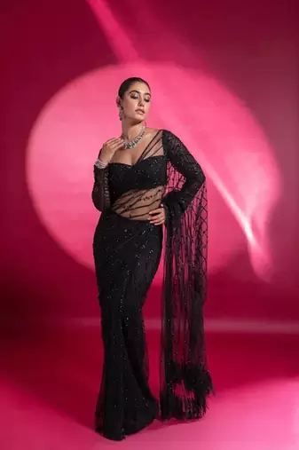 black sequin embroidered thread work nylone butterfly net saree with blouse