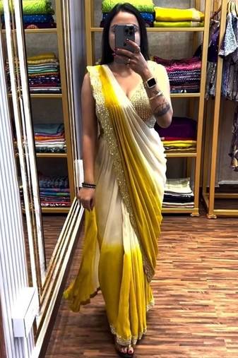 yellow ombre mirror work chinon saree with blouse