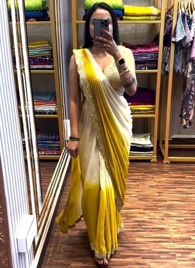 yellow ombre mirror work chinon saree with blouse