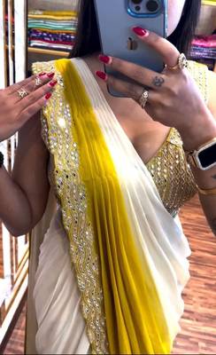 yellow ombre mirror work chinon saree with blouse 5