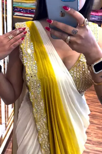 yellow ombre mirror work chinon saree with blouse