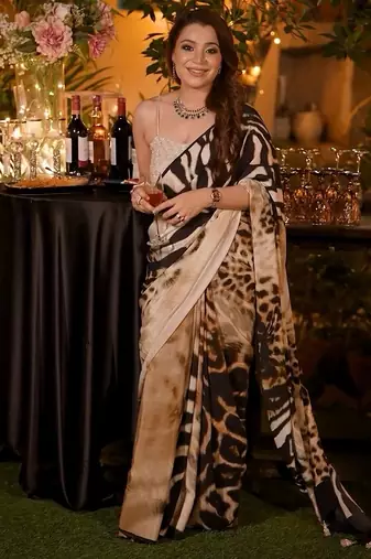 Beige printed vichitra silk bollywood saree with blouse