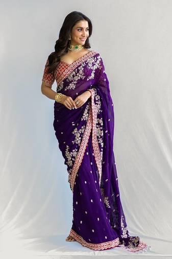 purple embroidered georgette saree with blouse