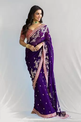 purple embroidered georgette saree with blouse