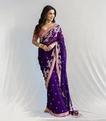 purple embroidered georgette saree with blouse