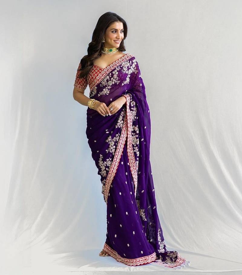 purple embroidered georgette saree with blouse