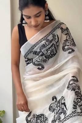white printed soft cotton  saree with blouse 4