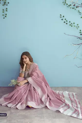 soft linen silk blend saree with chikankari weaved border