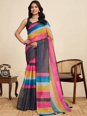black striped, printed soft cotton  saree with blouse 1