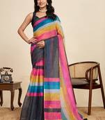 black striped, printed soft cotton  saree with blouse
