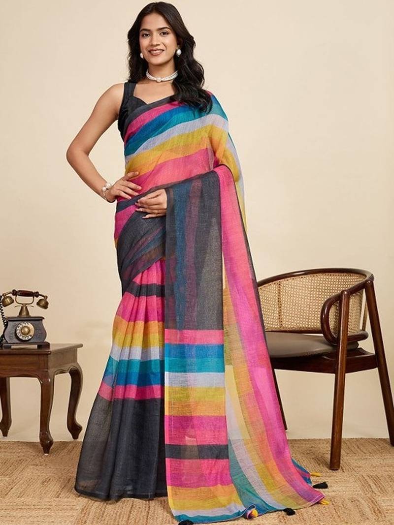 black striped, printed soft cotton  saree with blouse