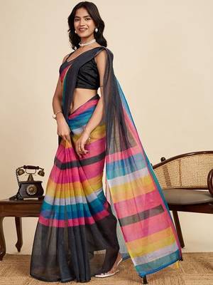 black striped, printed soft cotton  saree with blouse 3