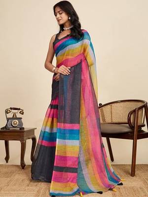 black striped, printed soft cotton  saree with blouse 4