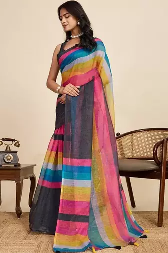 black striped, printed soft cotton  saree with blouse