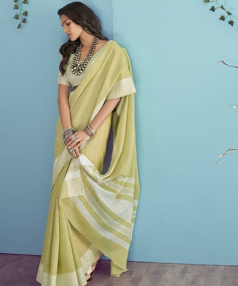 Aarzoo soft linen silk blend saree with chikankari weaved border 