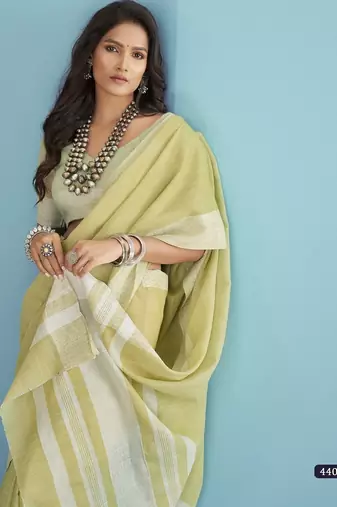 soft linen silk blend saree with chikankari weaved border