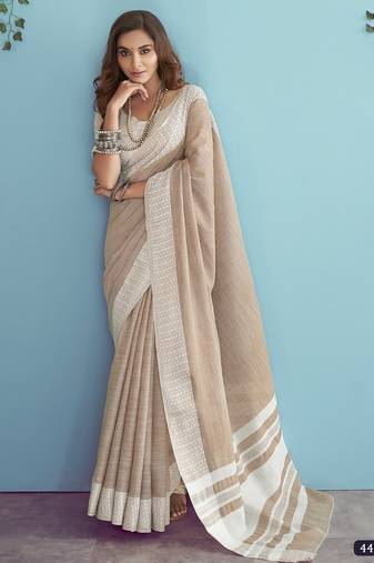 soft linen silk blend saree with chikankari weaved border