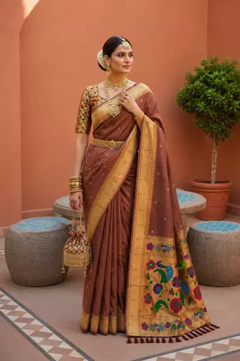 Brown Color zari weawing work Silk Saree