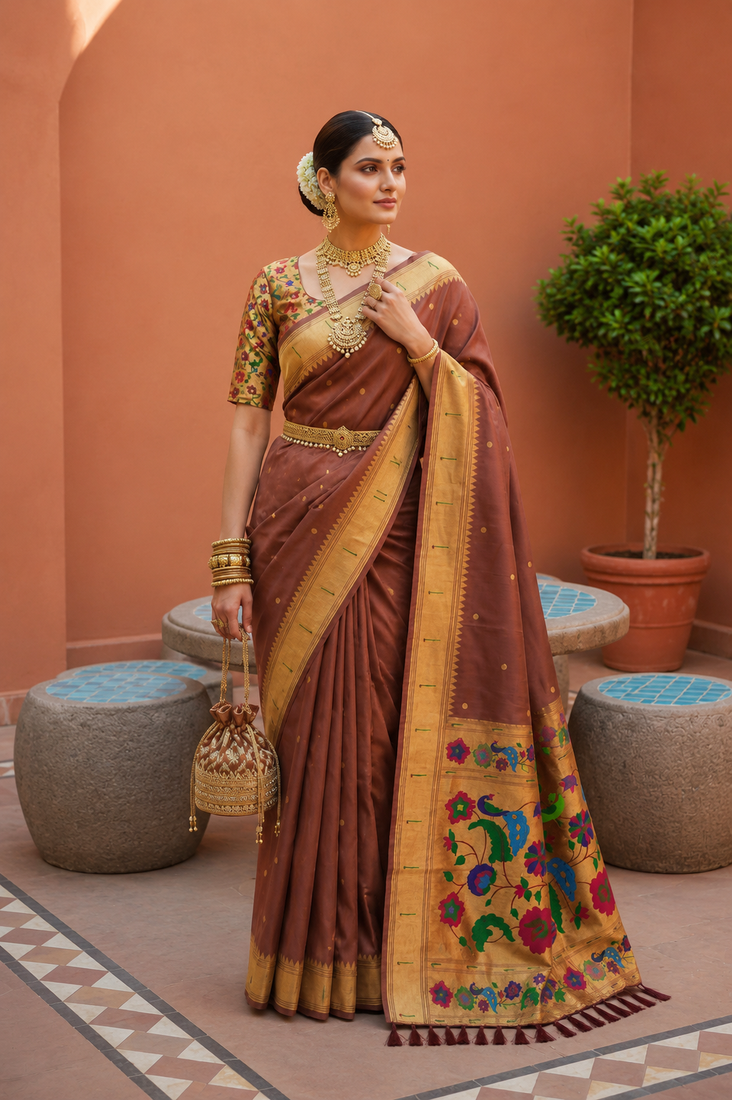 Brown Color zari weawing work Silk Saree