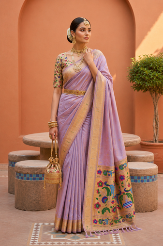 Lavender zari weawing work silk blend Saree