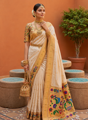 White Color zari weawing work Silk Saree