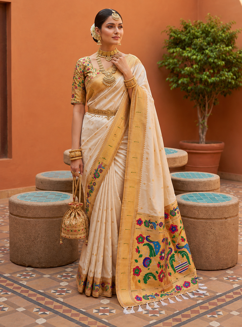 White Color zari weawing work Silk Saree