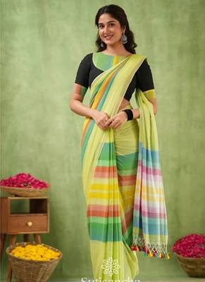 green striped, printed soft cotton  saree with blouse 2