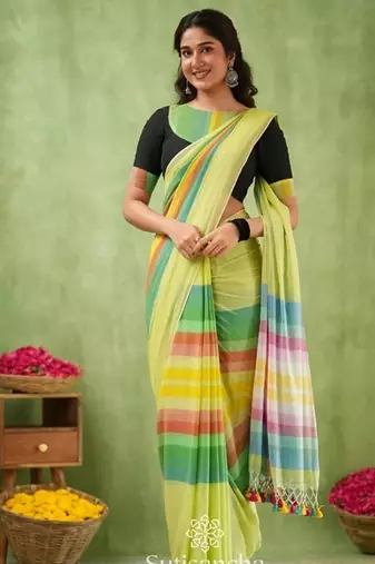 green striped, printed soft cotton  saree with blouse