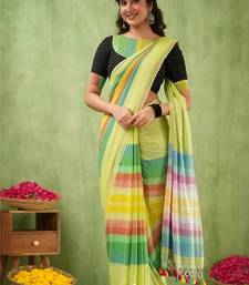 green striped, printed soft cotton  saree with blouse