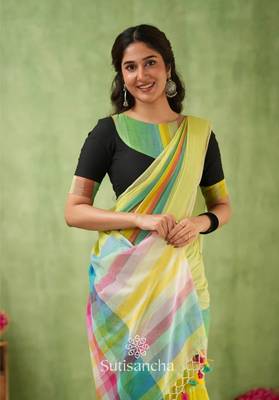 green striped, printed soft cotton  saree with blouse 3