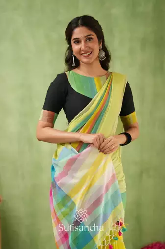 green striped, printed soft cotton  saree with blouse