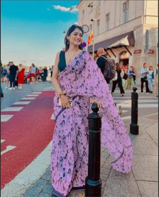 lavender printed soft linen cotton  saree with blouse 2