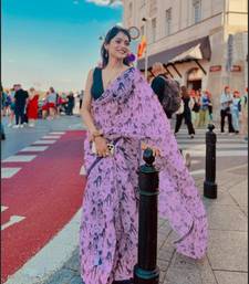lavender printed soft linen cotton  saree with blouse