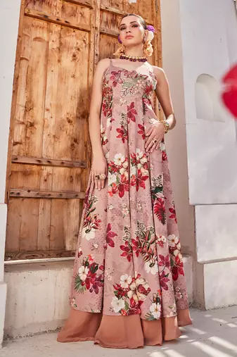 Mauve embroidered chiffon anarkali