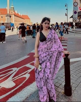 lavender printed soft linen cotton  saree with blouse 4