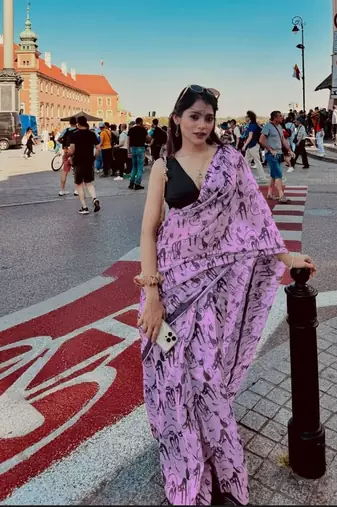 lavender printed soft linen cotton  saree with blouse