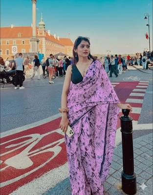 lavender printed soft linen cotton  saree with blouse 5