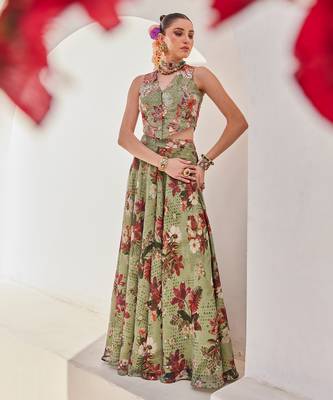 Sage green embroidered chiffon co ord set 1