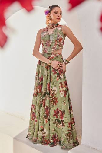 Sage green embroidered chiffon co ord set