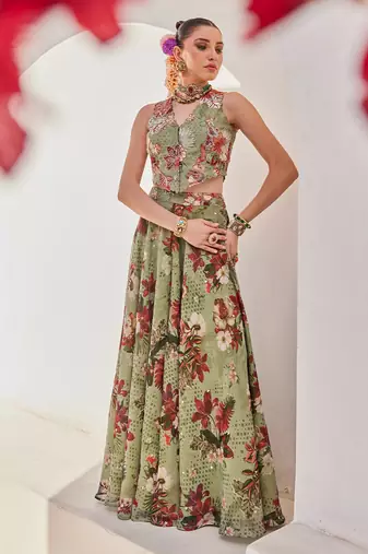 Sage green embroidered chiffon co ord set