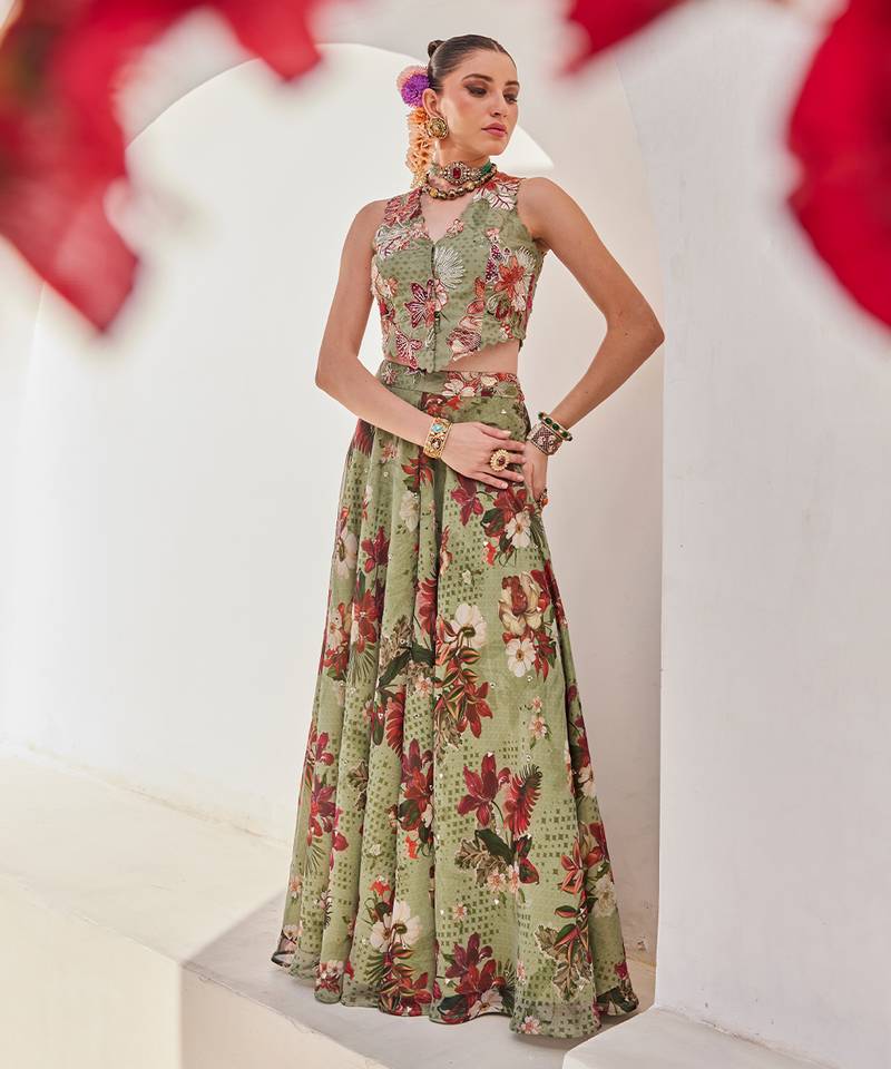 Sage green embroidered chiffon co ord set