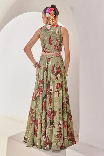 Sage green embroidered chiffon co ord set
