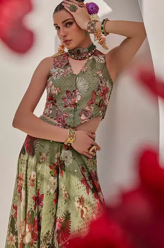 Sage green embroidered chiffon co ord set